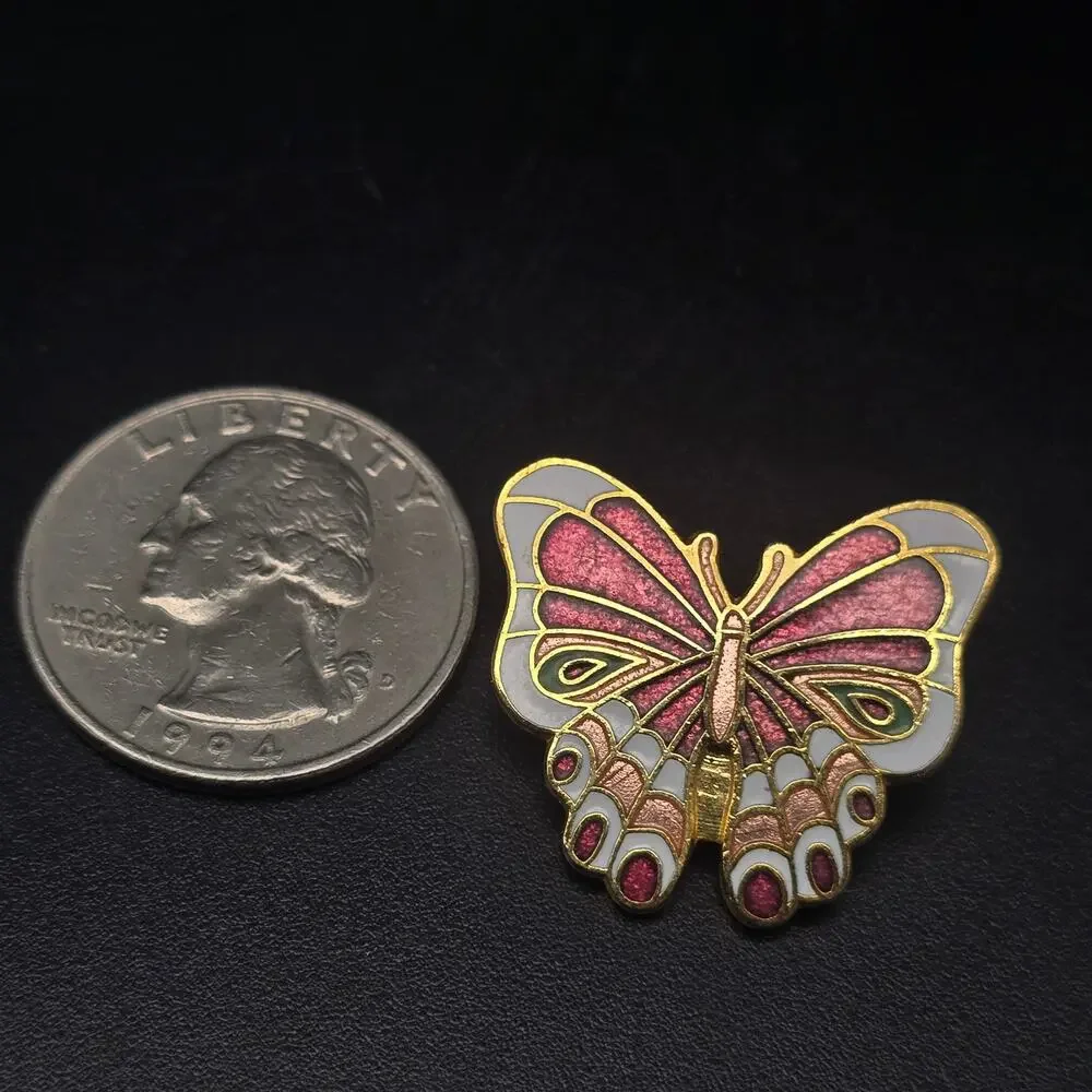 Cloisonne Enamel Butterfly Brooch Pink Petite Dainty Bug Insect Summer Jewelry